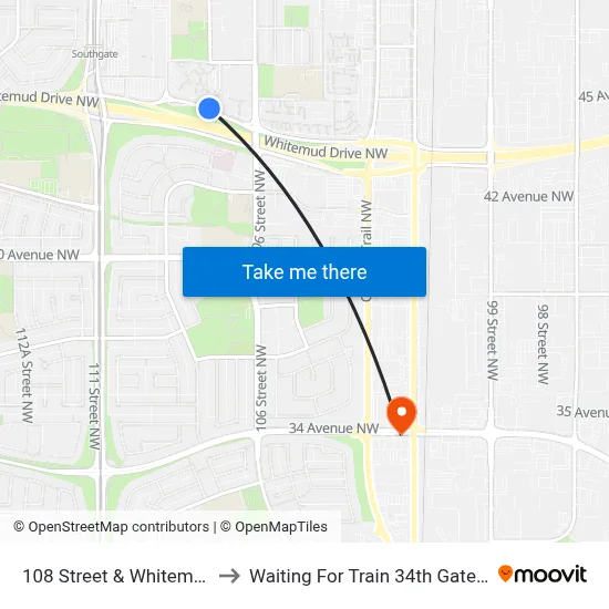 108 Street & Whitemud Drive to Waiting For Train 34th Gateway Blvd. map