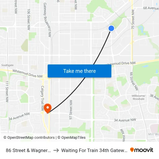 86 Street & Wagner Road to Waiting For Train 34th Gateway Blvd. map