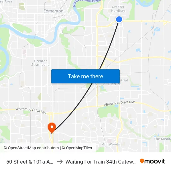 50 Street & 101a Avenue to Waiting For Train 34th Gateway Blvd. map