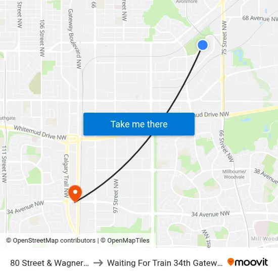 80 Street & Wagner Road to Waiting For Train 34th Gateway Blvd. map