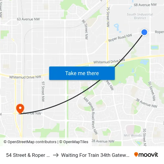 54 Street & Roper Road to Waiting For Train 34th Gateway Blvd. map