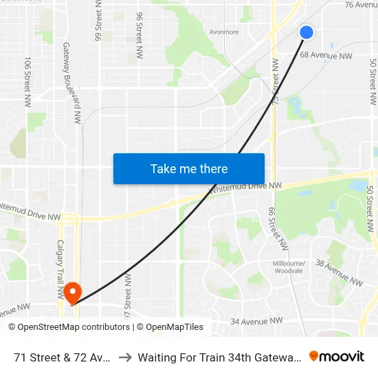 71 Street & 72 Avenue to Waiting For Train 34th Gateway Blvd. map