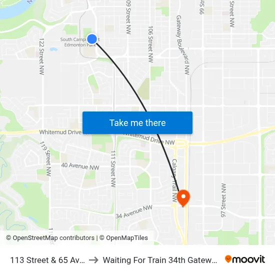 113 Street & 65 Avenue to Waiting For Train 34th Gateway Blvd. map