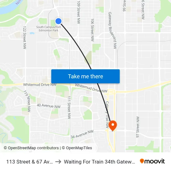 113 Street & 67 Avenue to Waiting For Train 34th Gateway Blvd. map