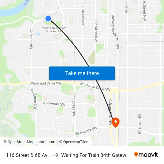 116 Street & 68 Avenue to Waiting For Train 34th Gateway Blvd. map