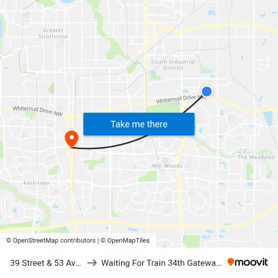 39 Street & 53 Avenue to Waiting For Train 34th Gateway Blvd. map