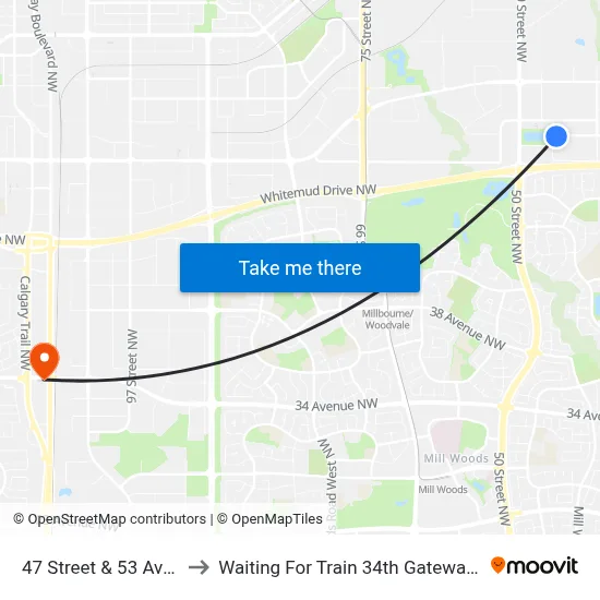 47 Street & 53 Avenue to Waiting For Train 34th Gateway Blvd. map