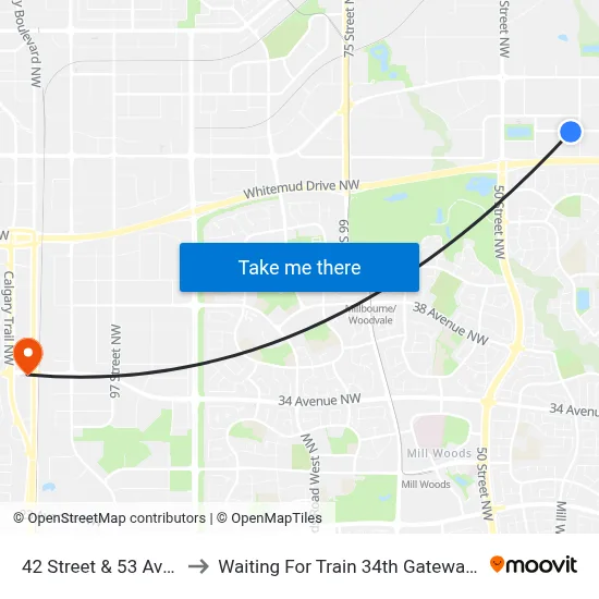 42 Street & 53 Avenue to Waiting For Train 34th Gateway Blvd. map