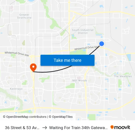 36 Street & 53 Avenue to Waiting For Train 34th Gateway Blvd. map