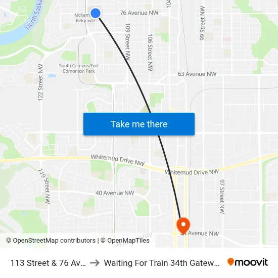 113 Street & 76 Avenue to Waiting For Train 34th Gateway Blvd. map