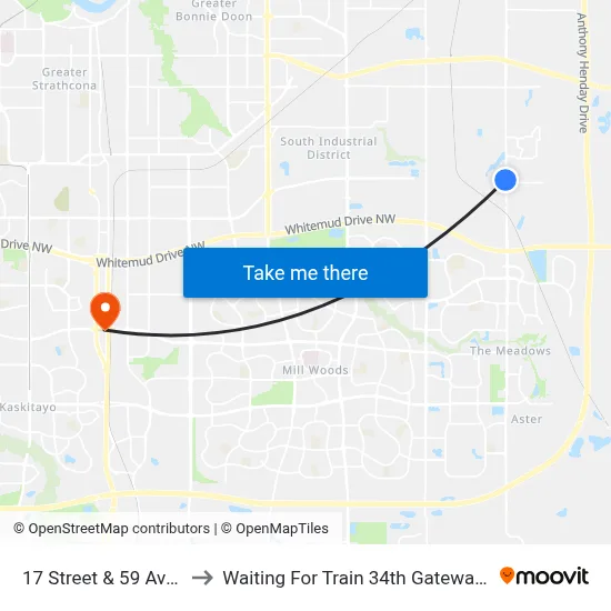17 Street & 59 Avenue to Waiting For Train 34th Gateway Blvd. map
