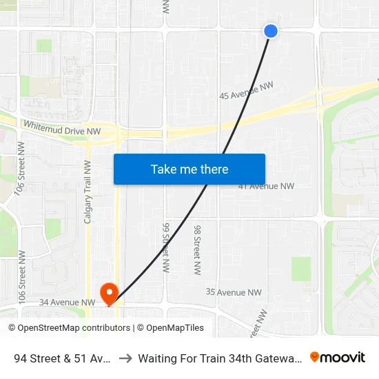 94 Street & 51 Avenue to Waiting For Train 34th Gateway Blvd. map