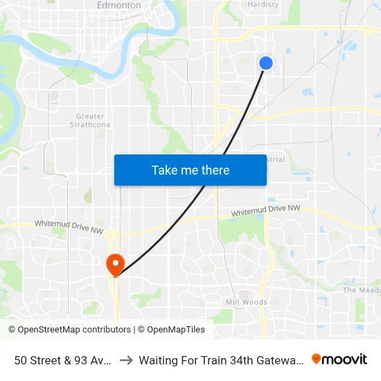 50 Street & 93 Avenue to Waiting For Train 34th Gateway Blvd. map