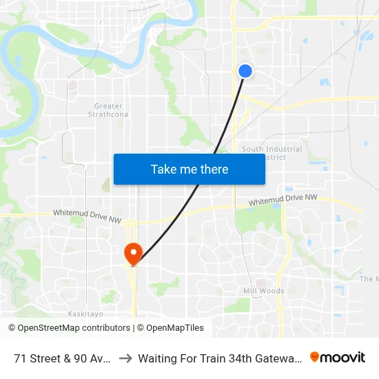 71 Street & 90 Avenue to Waiting For Train 34th Gateway Blvd. map