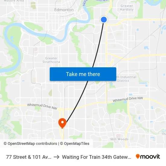 77 Street & 101 Avenue to Waiting For Train 34th Gateway Blvd. map