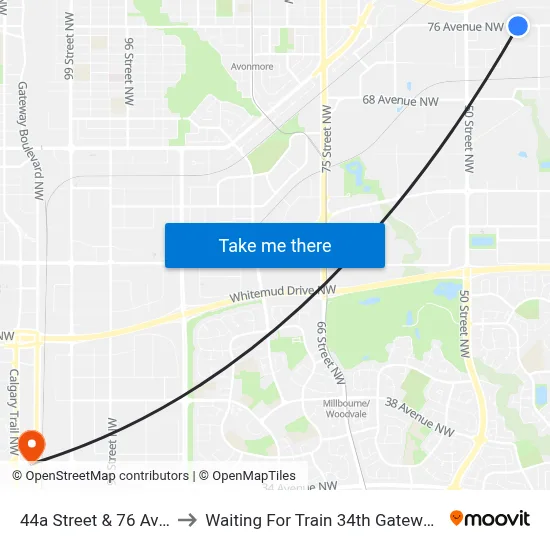 44a Street & 76 Avenue to Waiting For Train 34th Gateway Blvd. map