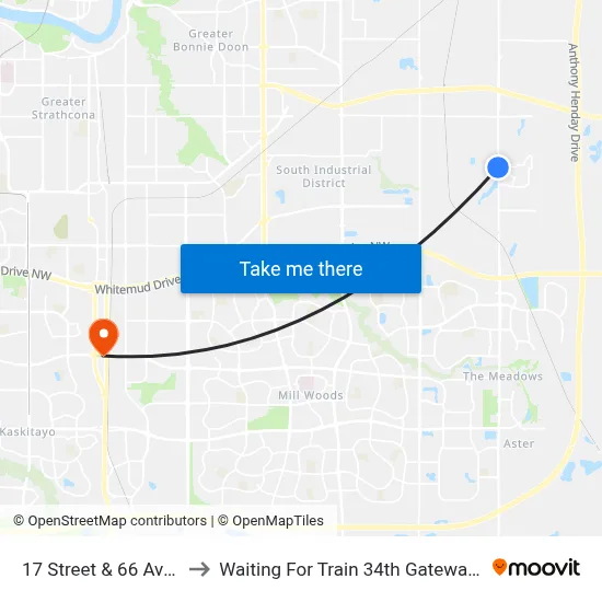 17 Street & 66 Avenue to Waiting For Train 34th Gateway Blvd. map