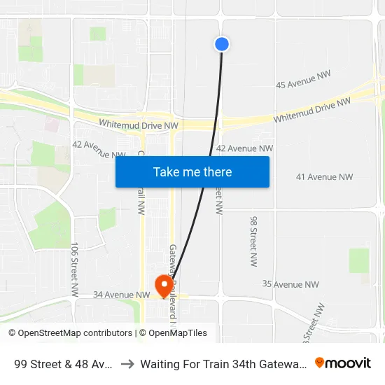 99 Street & 48 Avenue to Waiting For Train 34th Gateway Blvd. map