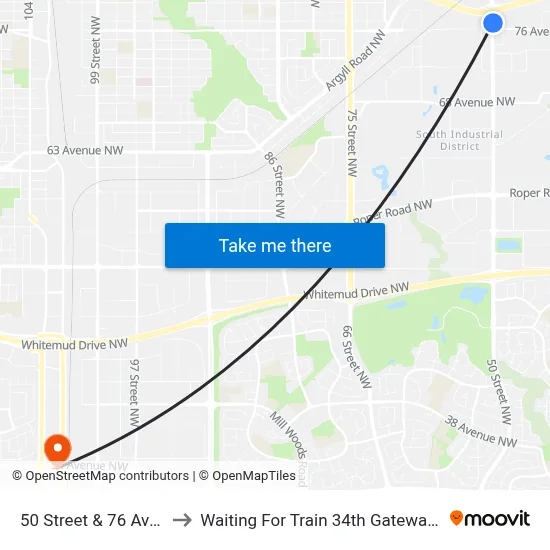 50 Street & 76 Avenue to Waiting For Train 34th Gateway Blvd. map