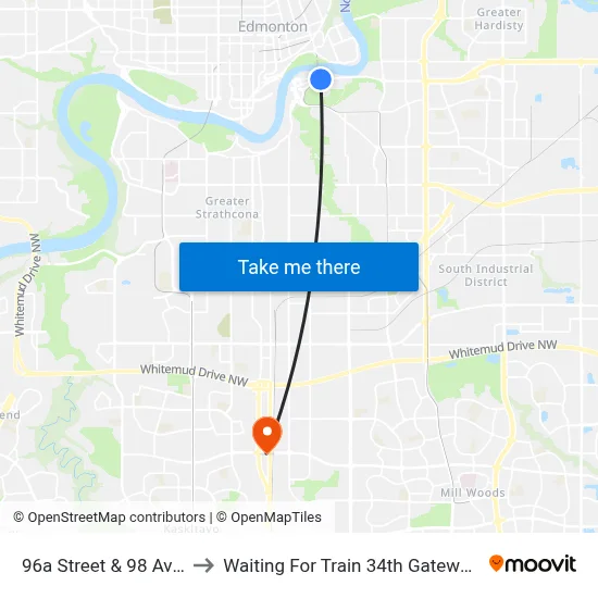 96a Street & 98 Avenue to Waiting For Train 34th Gateway Blvd. map