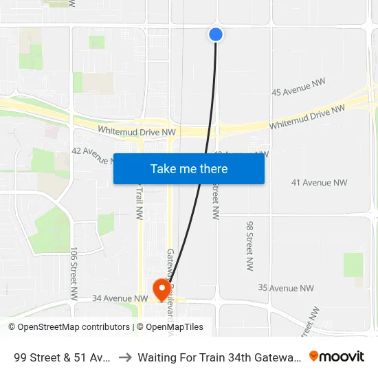 99 Street & 51 Avenue to Waiting For Train 34th Gateway Blvd. map