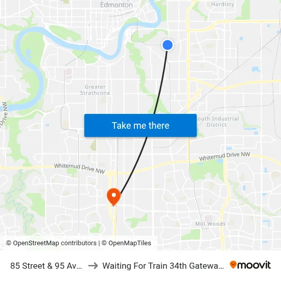 85 Street & 95 Avenue to Waiting For Train 34th Gateway Blvd. map