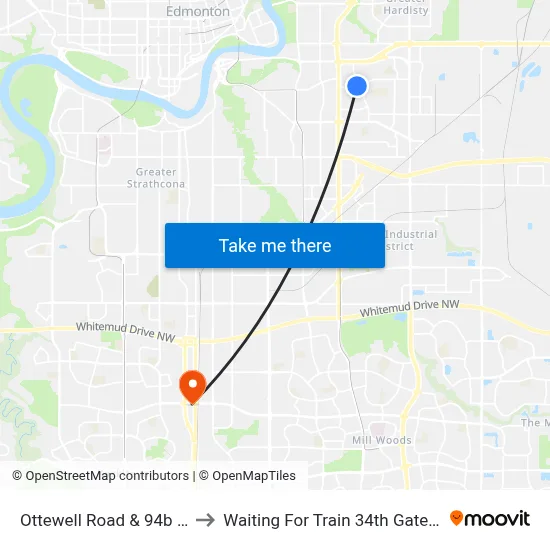 Ottewell Road & 94b Avenue to Waiting For Train 34th Gateway Blvd. map