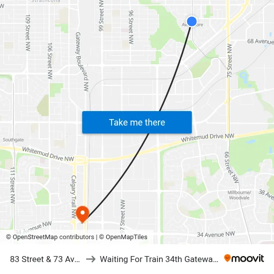 83 Street & 73 Avenue to Waiting For Train 34th Gateway Blvd. map