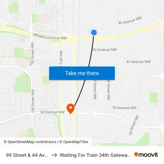 99 Street & 44 Avenue to Waiting For Train 34th Gateway Blvd. map