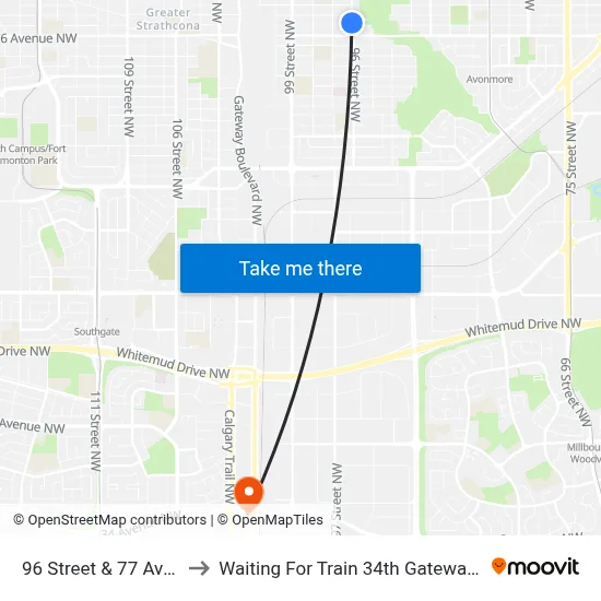 96 Street & 77 Avenue to Waiting For Train 34th Gateway Blvd. map