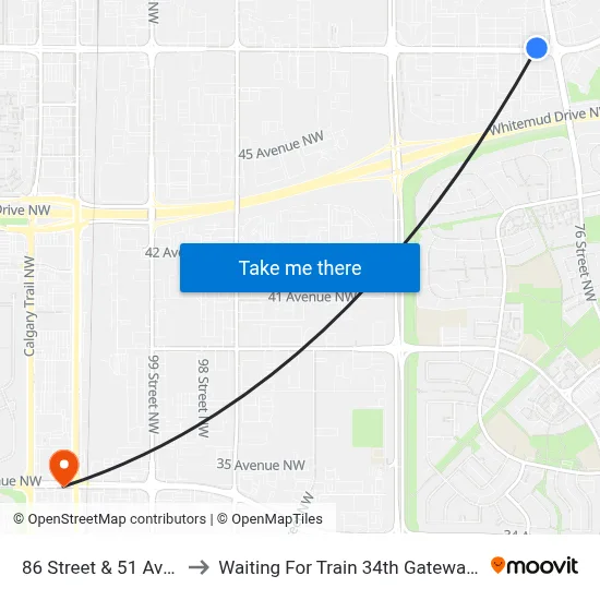 86 Street & 51 Avenue to Waiting For Train 34th Gateway Blvd. map