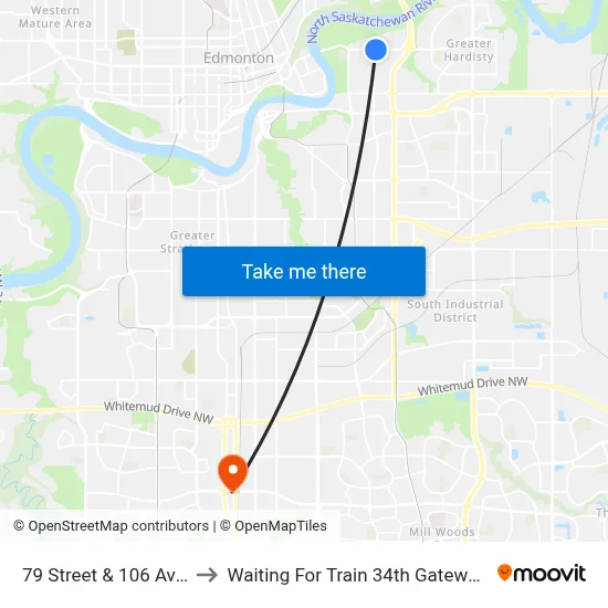 79 Street & 106 Avenue to Waiting For Train 34th Gateway Blvd. map