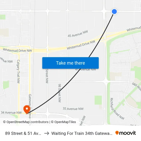 89 Street & 51 Avenue to Waiting For Train 34th Gateway Blvd. map
