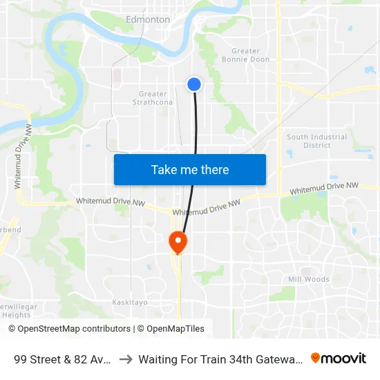 99 Street & 82 Avenue to Waiting For Train 34th Gateway Blvd. map