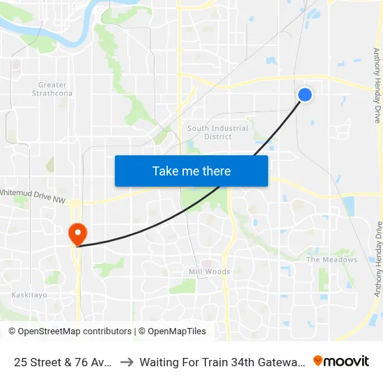 25 Street & 76 Avenue to Waiting For Train 34th Gateway Blvd. map