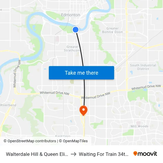 Walterdale Hill & Queen Elizabeth Park Road to Waiting For Train 34th Gateway Blvd. map