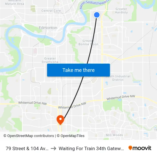 79 Street & 104 Avenue to Waiting For Train 34th Gateway Blvd. map