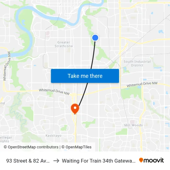 93 Street & 82 Avenue to Waiting For Train 34th Gateway Blvd. map