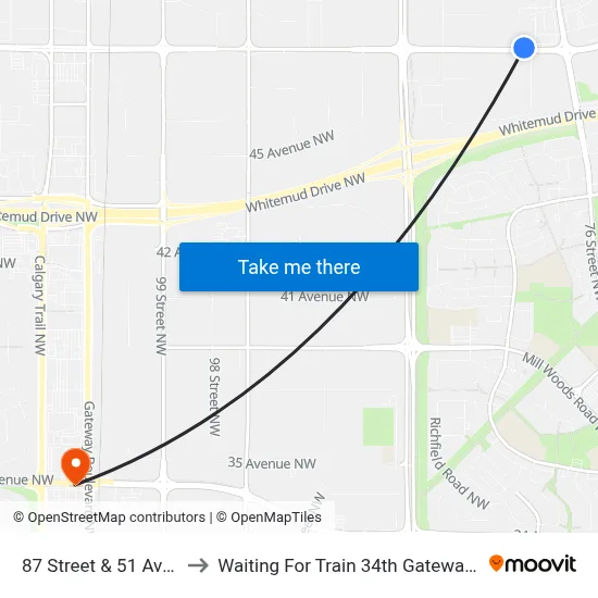 87 Street & 51 Avenue to Waiting For Train 34th Gateway Blvd. map