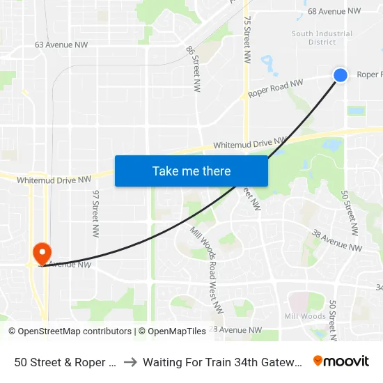 50 Street & Roper Road to Waiting For Train 34th Gateway Blvd. map
