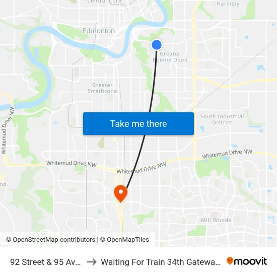 92 Street & 95 Avenue to Waiting For Train 34th Gateway Blvd. map