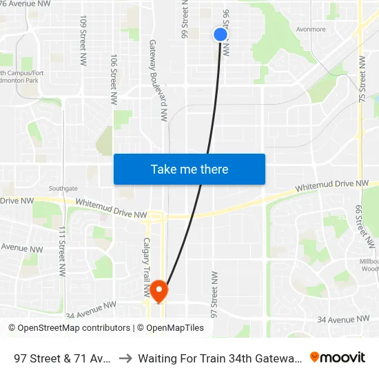 97 Street & 71 Avenue to Waiting For Train 34th Gateway Blvd. map