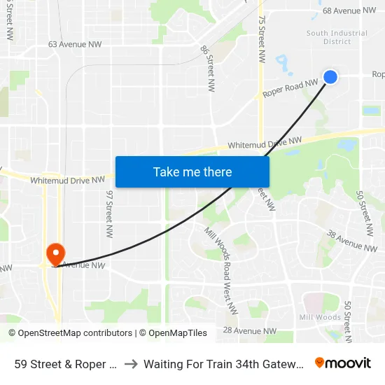 59 Street & Roper Road to Waiting For Train 34th Gateway Blvd. map