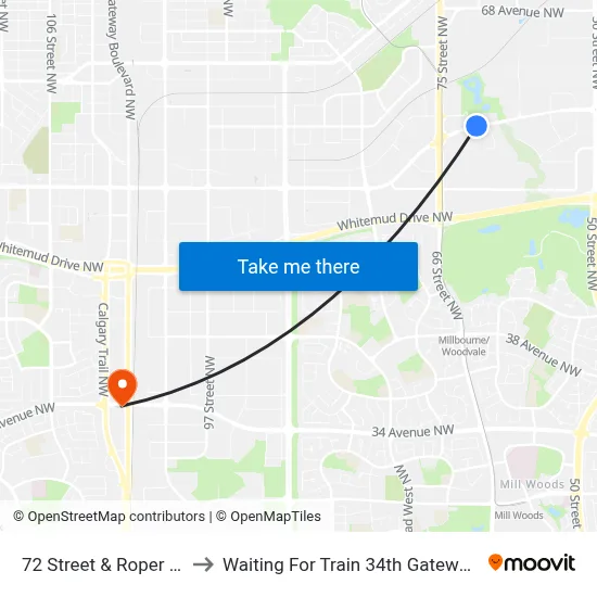 72 Street & Roper Road to Waiting For Train 34th Gateway Blvd. map