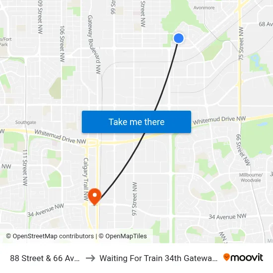 88 Street & 66 Avenue to Waiting For Train 34th Gateway Blvd. map