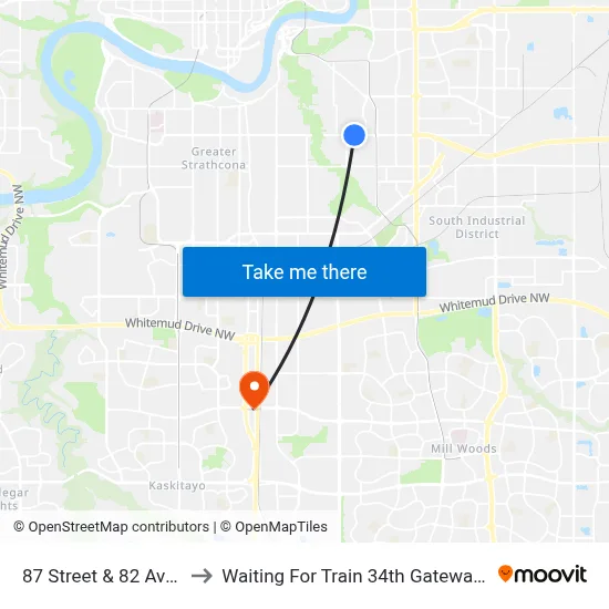 87 Street & 82 Avenue to Waiting For Train 34th Gateway Blvd. map