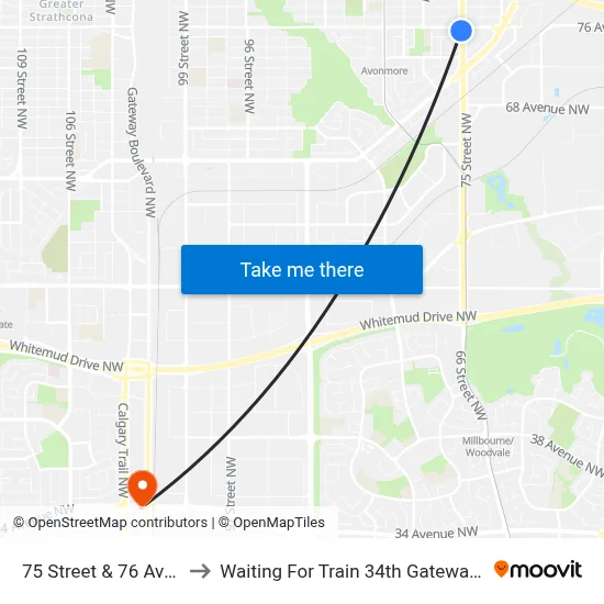 75 Street & 76 Avenue to Waiting For Train 34th Gateway Blvd. map