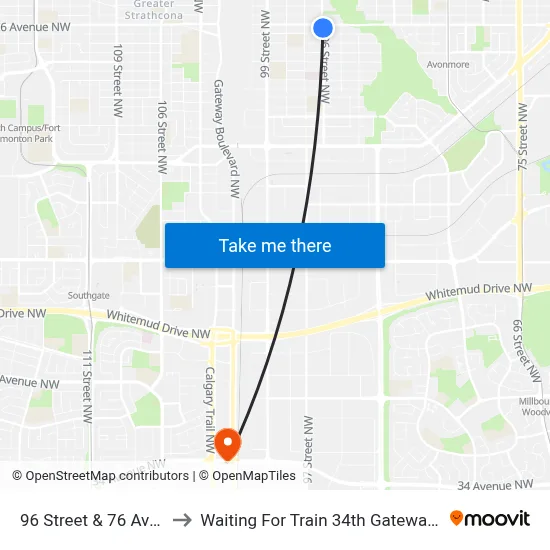 96 Street & 76 Avenue to Waiting For Train 34th Gateway Blvd. map