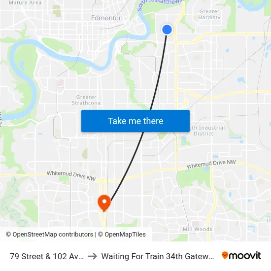 79 Street & 102 Avenue to Waiting For Train 34th Gateway Blvd. map