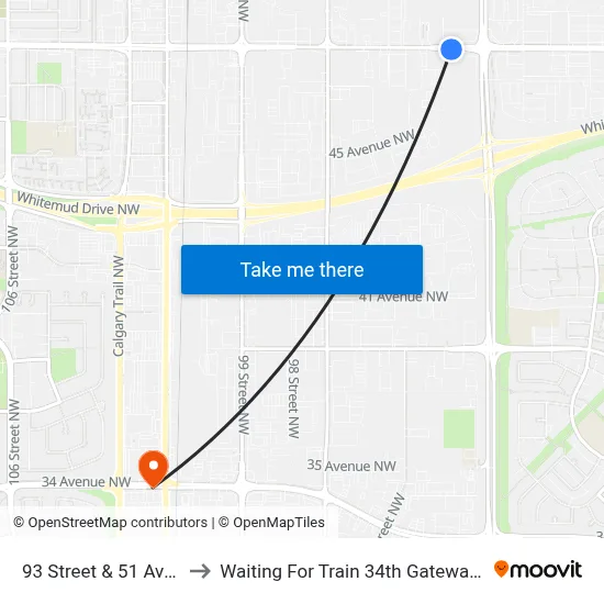93 Street & 51 Avenue to Waiting For Train 34th Gateway Blvd. map